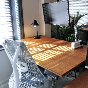 A coworking desk lit by natural lighting with monitor, ergonomic chair, lamp, and a plant.